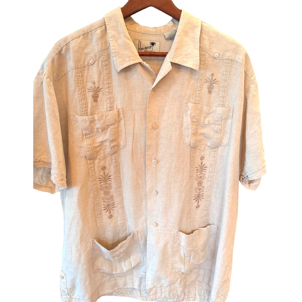 Havana Shirt Co Men's XL Linen Blend Guayabera Shirt Beige Embroidered SS